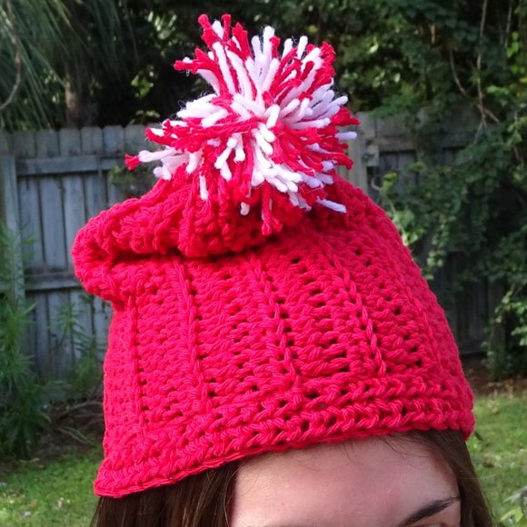 Handmade Red Slouch Hat with Pepperminty Pompom - Picture 6 of 6